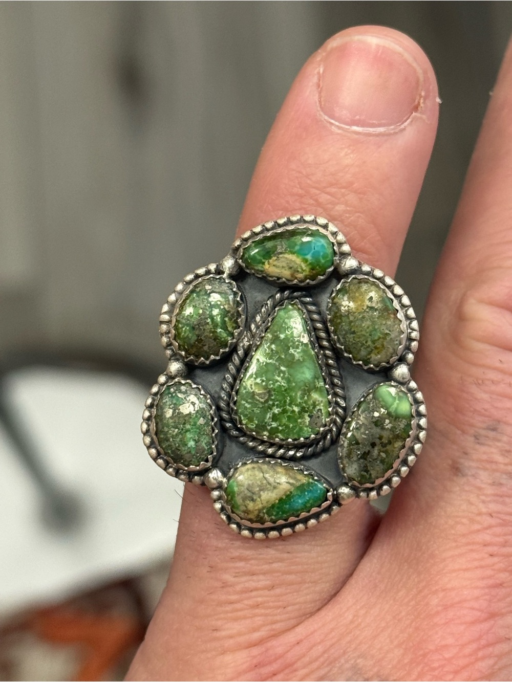 STERLING SILVER SONORAN GOLD TURQUOISE 7 STONE DOME BALL CLUSTER RING ADJ .925